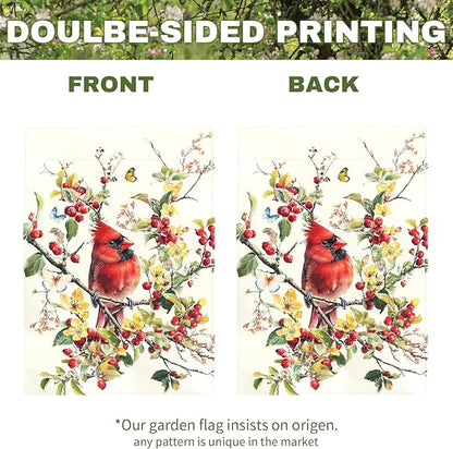 Red Cardinal Bird Garden Flag Spring Summer Floral Yard Flags for Outdoor Lawn Porch Patio Decoration Memorial Birds Lover Gift Butterfly Watercolor Wild Bird House Banner Decor 12x18 Inch