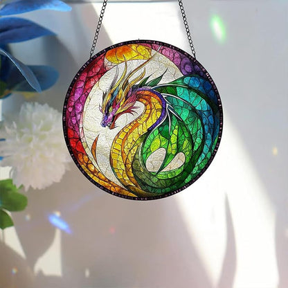 Bimkole Dragon Stained Glass Suncatcher Window Hanging - Animals Indoor Window or Doorway Decoration - Handmade Sun Catcher Decor for Garden Home Christmas & Birthday Gifts 7.87x7.87 Inch