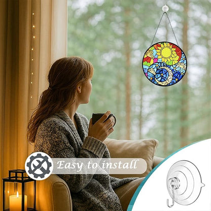 Suncatcher Indoor/Outdoor Stained Glass Window Hanging - Sun and Moon Handmade Stained Glass Suncatchers Hanging with Hook and Chain - Decoration for Home Garden Christmas Wedding Housewarming Gifts