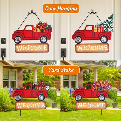 Whaline Valentine's Day Metal Yard Stakes Easter Welcome Interchangeable Garden Stake Red Truck Decor Set with Seasonal Sign Loads, Set of 9