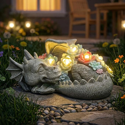 Garden Dragon Statue Outdoor Decor, Coiled Sleeping Dragon Figurine with Solar Light Succulent, Waterproof Resin Garden Sculpture for Outside Lawn Patio Yard Ornament Gifts