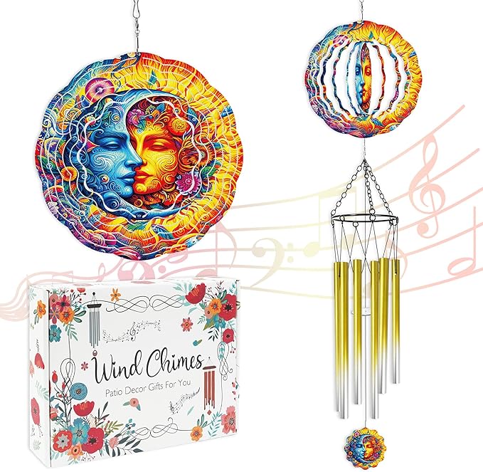 Wind Chime with Sun and Moon Spinner, Celestial Gift for Women, Hanging Metal Wind Catcher with 2" Center Pendant, 6" 3D Stainless Steel Kinetic Art for Garden Yard Décor