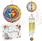 Wind Chime with Sun and Moon Spinner, Celestial Gift for Women, Hanging Metal Wind Catcher with 2" Center Pendant, 6" 3D Stainless Steel Kinetic Art for Garden Yard Décor
