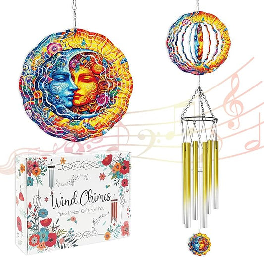 Wind Chime with Sun and Moon Spinner, Celestial Gift for Women, Hanging Metal Wind Catcher with 2" Center Pendant, 6" 3D Stainless Steel Kinetic Art for Garden Yard Décor