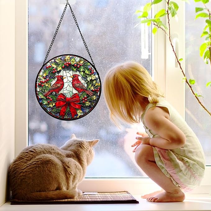 DASTOLL Stained Glass Window Hanging - Cardinals Green Wreath Suncatcher for Doors Home Christmas Decoration Red Bird Sun Catcher Thanksgiving New Year Birthday Gift for Women Men Mom Nana 7.8 in