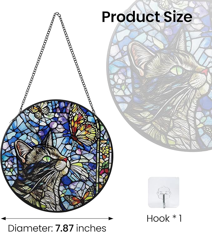 AELS Stained Glass 7.87" Round Suncatcher, Colorful Sun Catcher for Home Garden Window Decor, Window Hanging Ornament Gift for Friends and Family, Cat and Butterfly