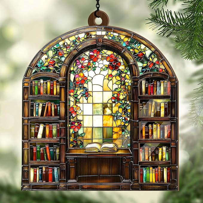 Jesuspirit - Window Hanging Suncatcher – Crystal Clear Acrylic & Wood Sun Catcher for Home Decor, for Women (Library Bookshelf, 6 Inches)