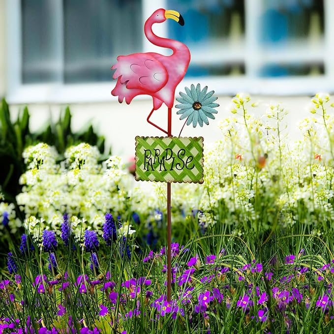 Metal Flamingo Garden Stakes Welcome Yard Sign Decorative Pink Flamingos Ornament Indoor Outdoor Party Stake Lawn Art Patio Backyard Flower Bed Decor (Green, L)