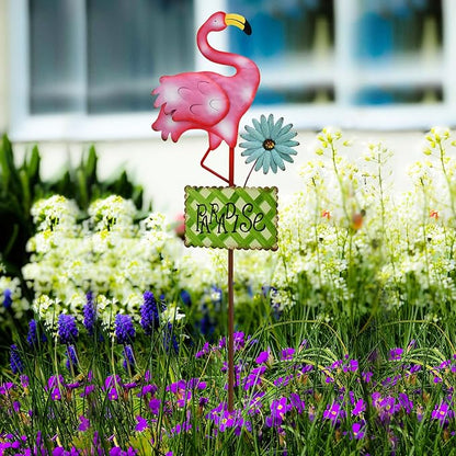 Metal Flamingo Garden Stakes Welcome Yard Sign Decorative Pink Flamingos Ornament Indoor Outdoor Party Stake Lawn Art Patio Backyard Flower Bed Decor (Green, L)