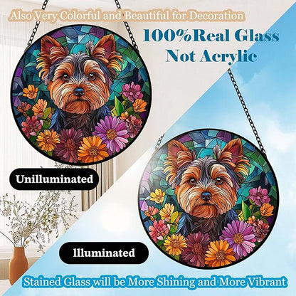 Yorkshire Terrier Stained Glass Suncatcher Dog Yorkie in Flowers Handmade Window Hangings Colored Glass Suncatcher Crafts Kits for Indoor Garden Home Decor Gift for Pet Lover Memorial (6.3in)