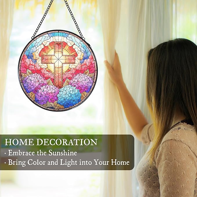 Cross Hydrangea Flower Stained Glass Window Hanging Suncatcher, Christian Cross Sun Catcher Indoor Window Decor, Christian Gifts Painted Glass Round Wall Hanging Decorations, 7.8x7.8 in