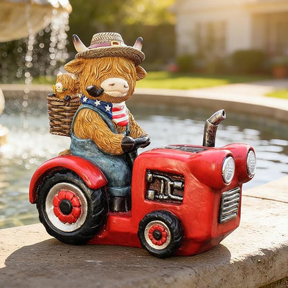 Groundhog Welcome Garden Statue with Solar Headlamp – Funny Animal Outdoor Yard Decor with LED Light and Butterfly – Waterproof Resin Garden Ornament for Patio, Lawn, Pathway (Tractor Cow)