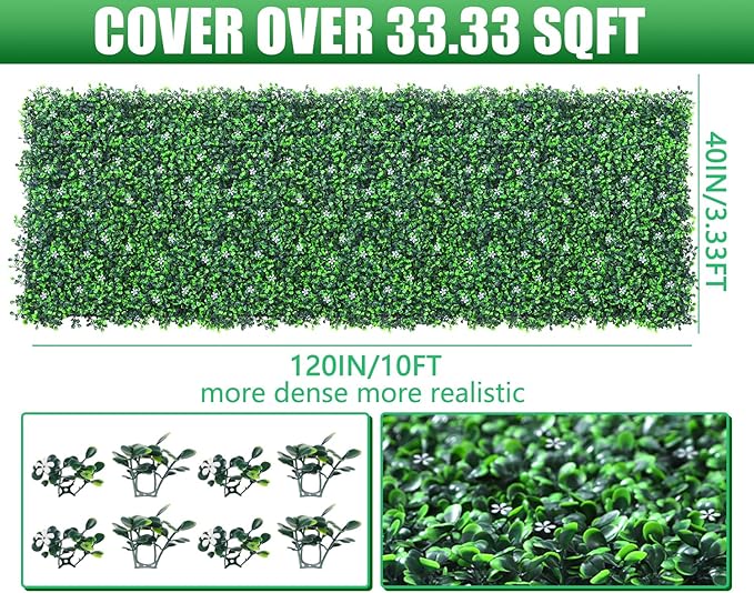 Grooy Artificial Boxwood Roll Panels with Flowers,40"x 120"(33.33 sq.ft) UV-Anti Faux Ivy Leaves Privacy Fence Screen Grass Wall Roll Panels for Indoor Home Decor and Outdoor Garden Backyard