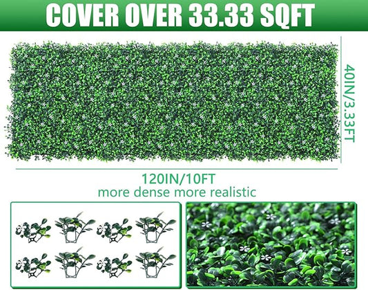 Grooy Artificial Boxwood Roll Panels with Flowers,40"x 120"(33.33 sq.ft) UV-Anti Faux Ivy Leaves Privacy Fence Screen Grass Wall Roll Panels for Indoor Home Decor and Outdoor Garden Backyard