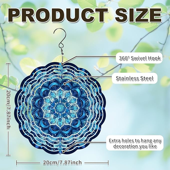 Wind Spinners Outdoor, Hanging Wind Spinner for Garden Decoration, 8 inch 3D Stainless Steel Metal Wind Sculpture for Indoor/Outdoor Decor, Blue Mandala