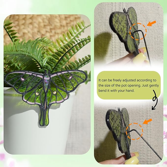 Lolitarcrafts Stained Glass Butterfly Suncatcher-Monarch or Luna Moth Design for Indoor and Outdoor Plant Decoration,Colorful Glass Plant Pot Ornament, Plant Lovers Gifts (Green Luna Moth)