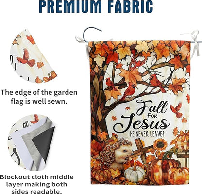 Stained Glass Autumn House Flag Fall for Jesus He Never Leaves Banner Religious Thanksgiving Pumpkin Yard Signs 28x40 Double Sided Outside Halloween Cardinal Garden Decor Outdoor
