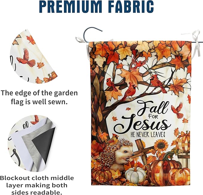 Fall for Jesus Garden Flag He Never Leaves Autumn Pumpkin Banner Stained Glass Cardinal Yard Signs Outside Halloween Thanksgiving Religious Outdoor Decor 12x18 Double Sided Small