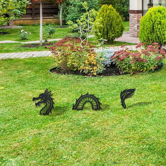 WADORN 3 Styles Dragon Metal Decorative Garden Stakes, Funny Chinese Dragon Metal Silhouette Statues Animals Garden Ornament Gifts Black Yard Art Decoration for Outdoor Backyard Patio Lawn Walkways