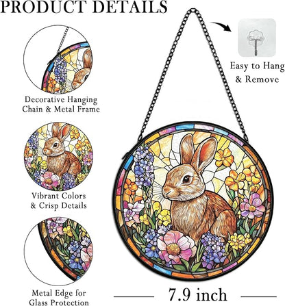 Spring Easter Bunny Rabbit Suncatcher Stained Glass Window Hanging Wall Decorations Decor, Easter Bunny Gifts for Women, Spring Floral Sun Catchers Garden Window Hanging Wall Art, 7.9x7.9Inch