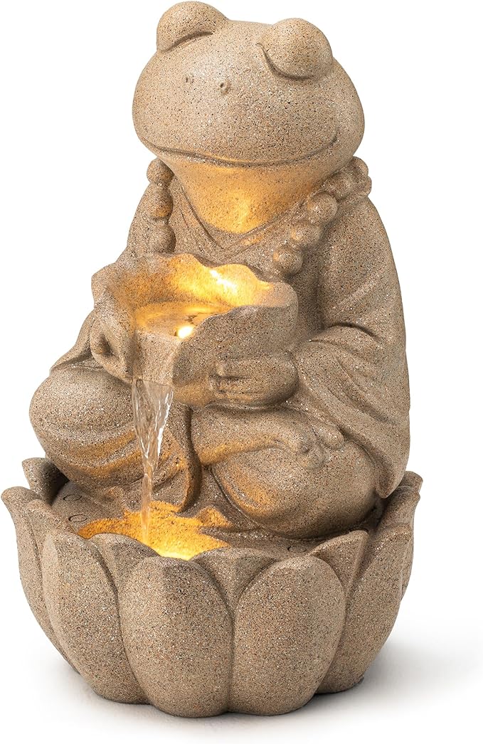 Glitzhome Outdoor Frog Statues Garden Decorations 22" H, Zen-Style Meditative Frog Sculpture Water Fountains LED Floor Standing Fountain Outside Frog Statue with Birdbath for Backyard Decking Decor