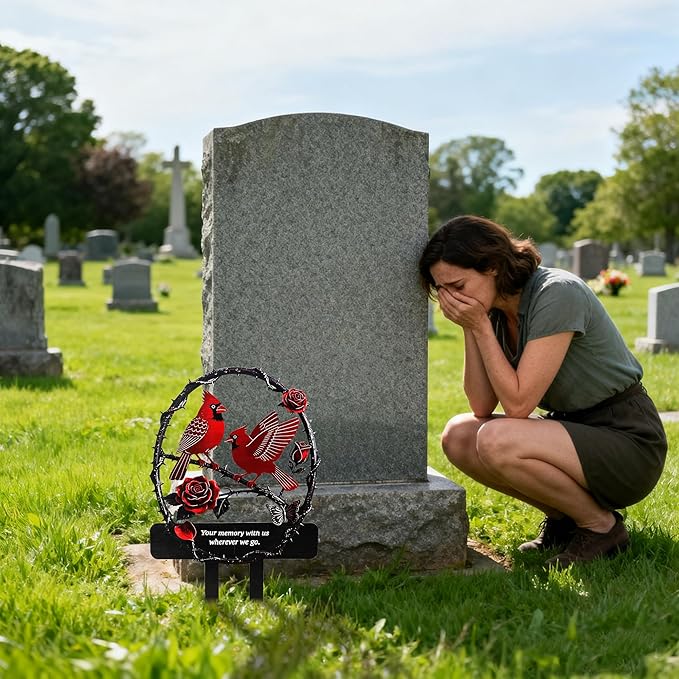 Lodou Graves Cemetery Decorations,Cardinals Memorial Grave Markers for Cemetery Memorial Stakes Metal Grave Decorations,Outdoor Outside Yard Garden (Red Bird)