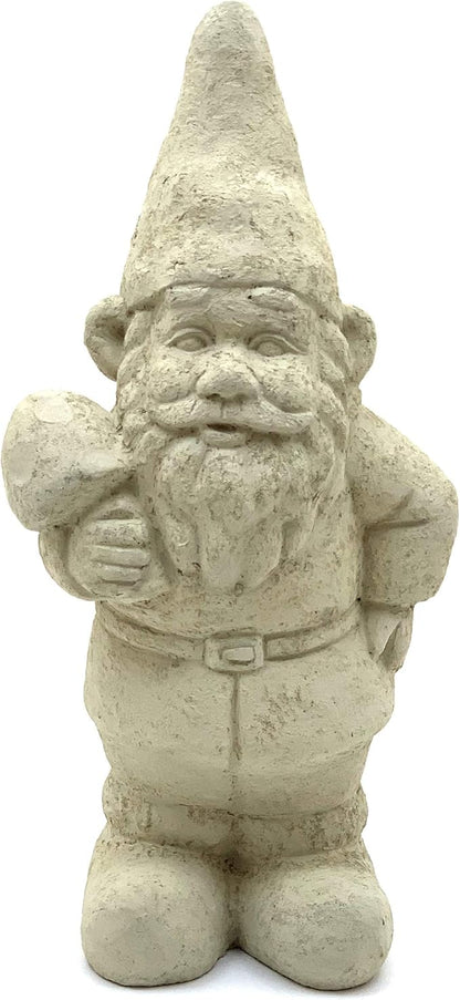 Garden Gnome with Shroom: Solid Durable Stone Statue with Vintage Texture. Sealed for Outdoors. Handcrafted USA. (Classic/White)