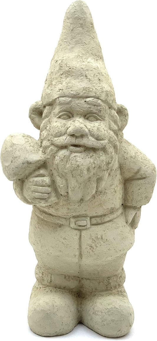 Garden Gnome with Shroom: Solid Durable Stone Statue with Vintage Texture. Sealed for Outdoors. Handcrafted USA. (Classic/White)