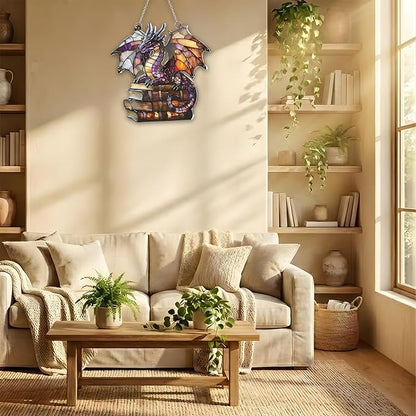 Book Dragon Bookish Acrylic Suncatcher, Boho Suncatchers for Window Hanging Ornament, Art Garden Decor for Book Lover Reader Bookworm, Gifts for Mother's Day, Mom, Grandma, Wife, Women, Nana