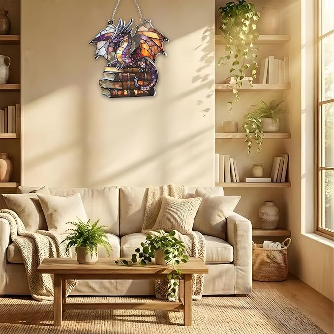 Book Dragon Bookish Acrylic Suncatcher, Boho Suncatchers for Window Hanging Ornament, Art Garden Decor for Book Lover Reader Bookworm, Gifts for Mother's Day, Mom, Grandma, Wife, Women, Nana