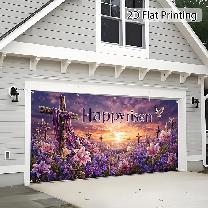 Easter Garage Door Banner Cover, Easter Cross Flowers Spring Party Backdrop Decor, Garage Door Cover For Outdoor Yard Holiday Decoration