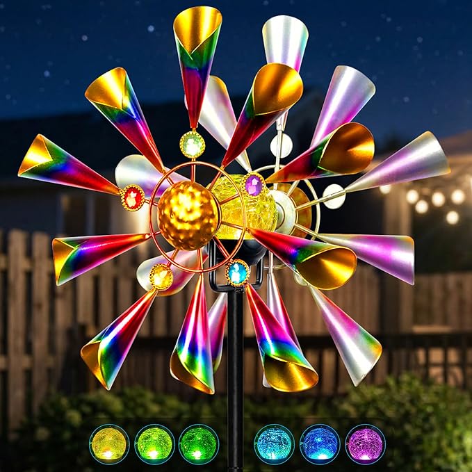 Solar Wind Spinner Outdoor - Metal Kinetic Garden Sculptures with Color Changing LED Crackle Glass Ball, Waterproof Wind Mill Stake for Yard, Patio, Lawn, and Pathway Decoration (Multi-Color)