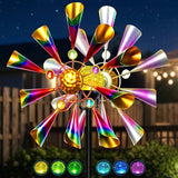 Solar Wind Spinner Outdoor - Metal Kinetic Garden Sculptures with Color Changing LED Crackle Glass Ball, Waterproof Wind Mill Stake for Yard, Patio, Lawn, and Pathway Decoration (Multi-Color)