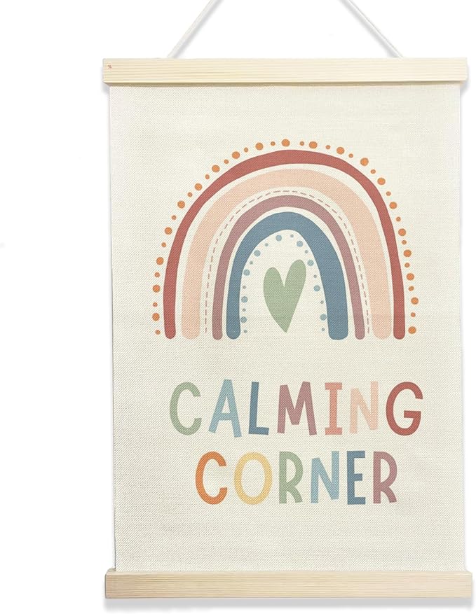 NQDWX Calming Corner Hanging Flag - Rainbow Wall Decor for Kids Classroom Reading Corner, 12x17 Inches Canvas Banner with Wood Frame. (077)