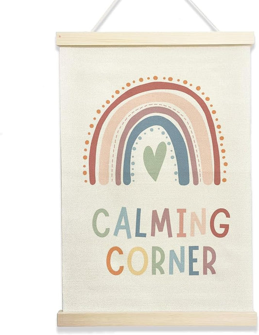 NQDWX Calming Corner Hanging Flag - Rainbow Wall Decor for Kids Classroom Reading Corner, 12x17 Inches Canvas Banner with Wood Frame. (077)