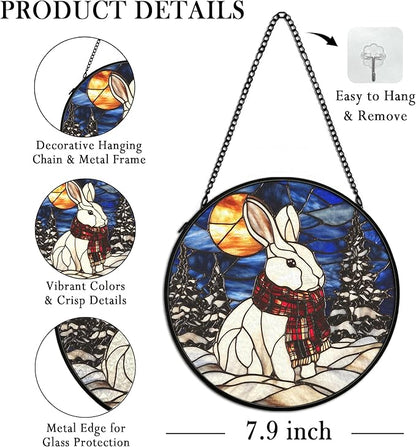 Winter Christmas Bunny Suncatcher Stained Glass Window Hanging Decorstions, Nature Landscape Stained Glass Wall Decor, Winter Solstice Gifts, Forest Garden Lawn Sun Catchers Art, 7.9x7.9Inch