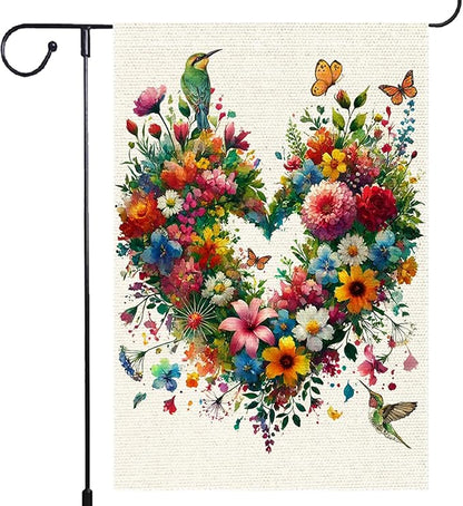 Colorful Floral Love Hearts Garden Flag 12x18 Inch Double Sided Small Burlap Birds Flowers Butterflies Outdoor Decorations Spring Summer Garden Flags Patio Yard Outside Decor