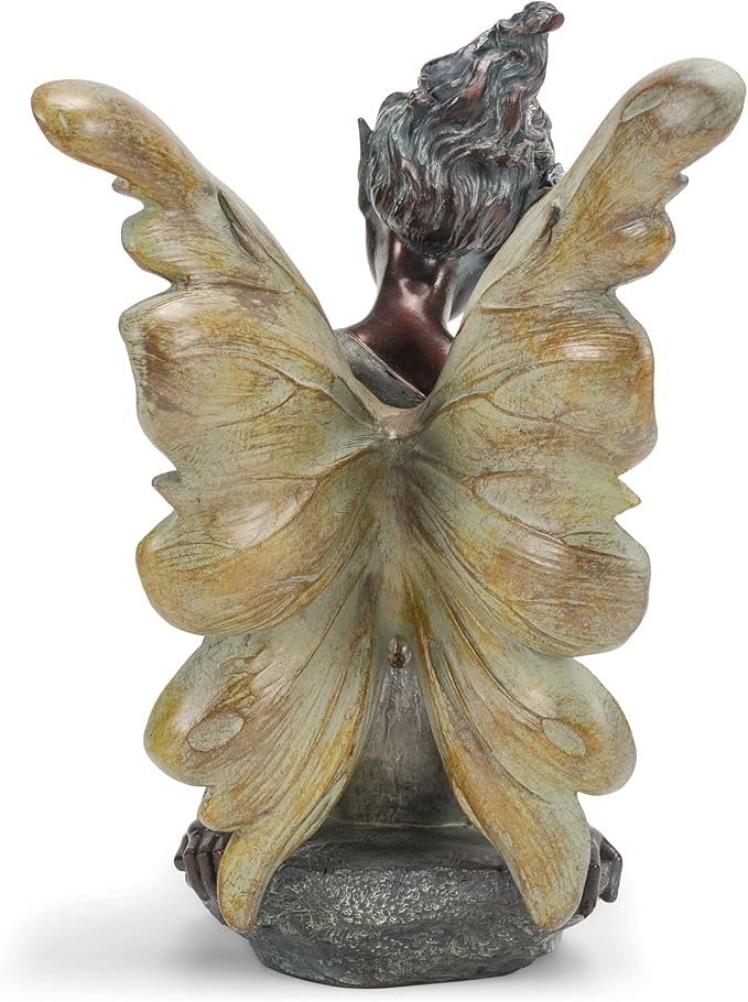 Napco Fairy with Bird Bronze Tone 12.5 x 18 Inch Resin Stone Outdoor Garden Statue
