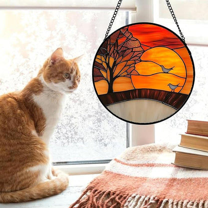 Stained Glass Window Hanging Orange Sunset Landscape Large 15" - Maple Suncatcher Door Garden Sun Catcher Home Decor Birthday Christmas for Mom Men Woman Wife Friend