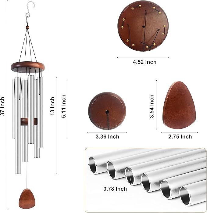 Bursvik Large Aluminium Wind Chimes 37 Inches to Create a Zen Atmosphere Suitable for Outdoor, Garden, Patio Decoration Classic Chimes with Wind Catcher Suitable as A Gift for Unisex Silver 2 Pack