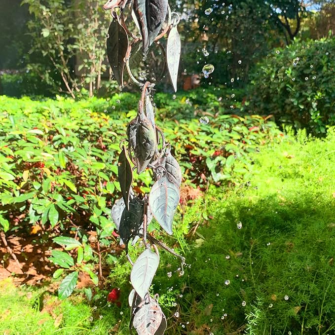8.5 FT Rain Chain, Rain Chains for Gutters, Metal Rain Chain Downspouts, Circle with Leaves Rain Gutter Chains, Metal Rain Catcher for Outside, Decorative Your House and Garden, Verdigris