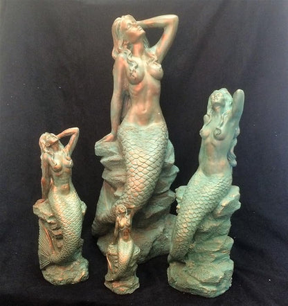 homestyles 16 in. Large Sexy Mermaid Sitting on Coastal Rock Beach Nautical Garden Statue in Bronze Patina Pool Patio Lawn Statue