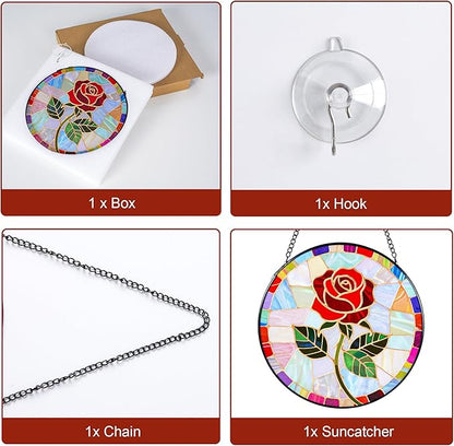 Stained Glass Window Hanging, Red Rose Suncatcher 7.8 in Sun Catcher Glass Panel Boho Wall Art Decor with Chain Diamond Glass Panel Hangings Scenery Sun Catchers Decor for Lover Couple Mom