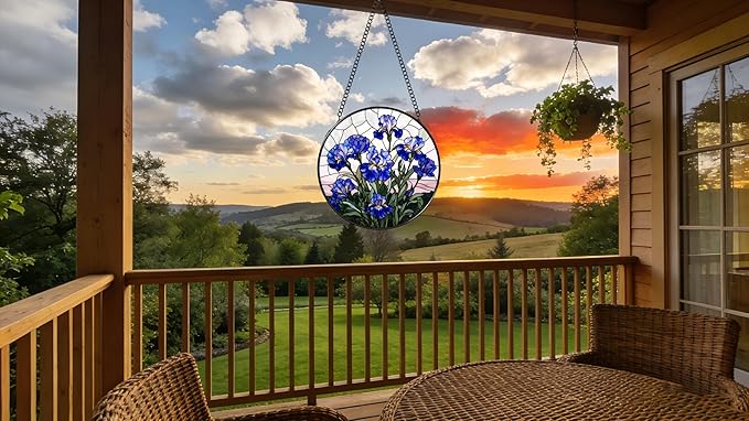 Stained Glass Window Hanging - Blue Iris Painting 6.3 Inches Suncatcher for Garden Home Decor for Women Mon Grandma Friends