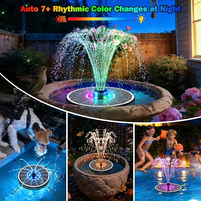 SZMP 3.5W Glass Solar Fountain with Swivel-Out Fixed Rods, Solar Bird Bath Fountains with LED Lights and 2000mAh Battery, 7 Nozzles, Outdoor Solar Water Fountain Pump for Garden, Pool, Pond (White)