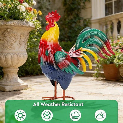 Metal Rooster Garden Statue Outdoor Decor Yard 17" Chicken Statue Garden Decoration, Large Animal Sculpture Chicken Themed Gift for Outdoor Porch Patio Backyard Lawn Ornament