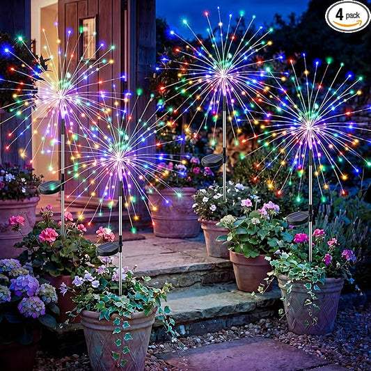 btfarm 4 Pack 120 LED Solar Garden Lights Outdoor, 8 Modes Firework Lights Solar Powered, Waterproof Twinkle Fairy Light Outside for Yard Patio Pathway Pool Christmas Party Decorative, Multicolor