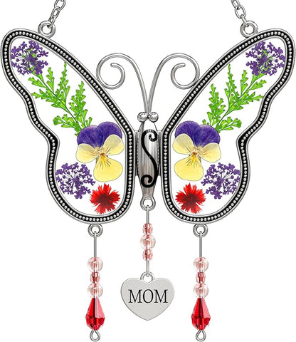 KY&BOSAM Suncatcher Butterfly Stained Glass Mom Suncatchers Hangings for Windows Wind Chime Ornament with Pressed Dried Flower Wings Embedded in Glass and Heart Charm Mothers Day Birthdays Christmas