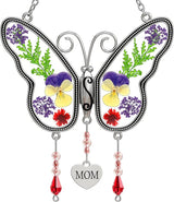 Butterfly Suncatcher Mom Gifts Stained Glass Sun Catchers for Windows Hangings Ornaments with Pressed Flower Wings Embedded in Glass and Metal Trim MOM Heart Charm Birthday Gifts for Mom