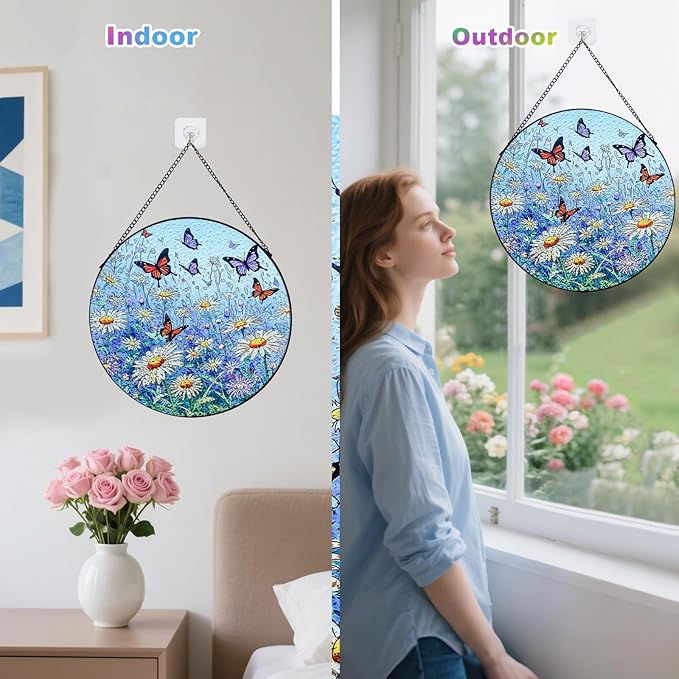 Butterfly Stained Glass Suncatcher,7.8in Butterfly Suncatcher for Window Hanging,Hand Chrysanthemum Suncatcher Window Decoration,Butterfly Home Decor for Indoor Window